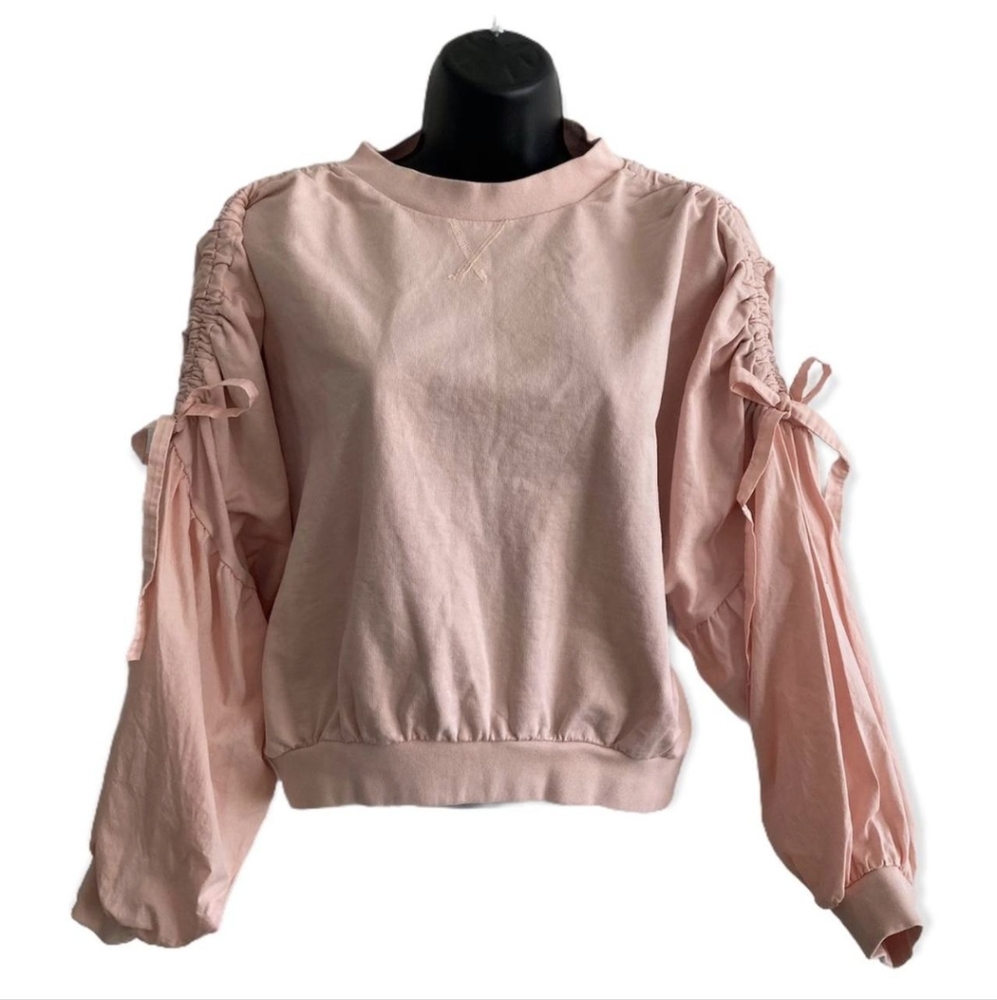 Zara women's long sleeve shirt with balloon sleeves and ties in pink size small